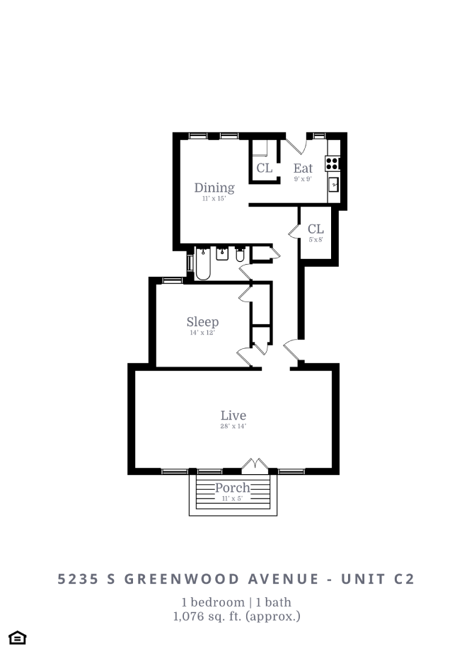 Floor plan for 2 beds, 1 bath, 1076 sqft